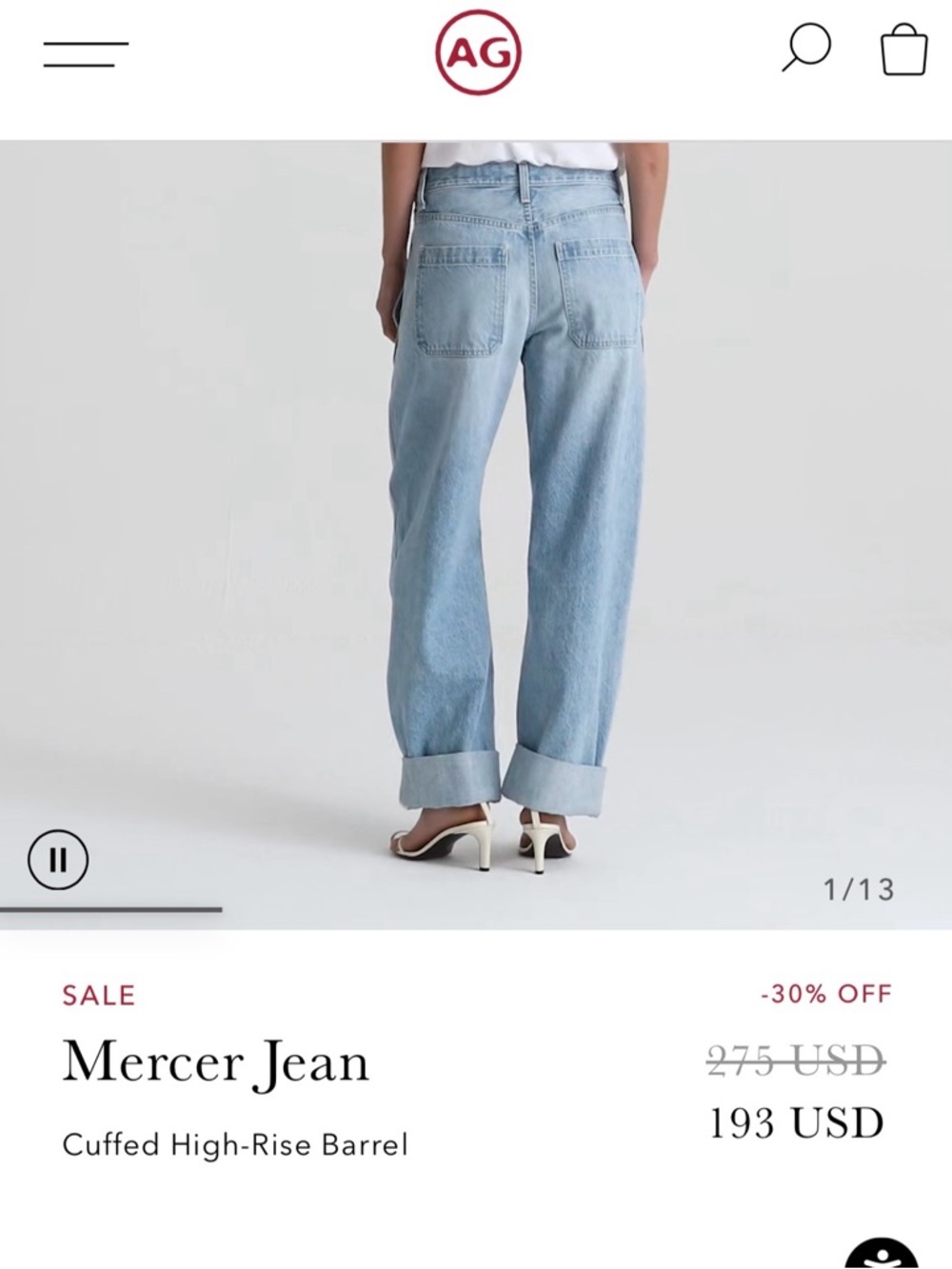 AG Adriano Goldschmied Light Blue High-Rise Cuffed Barrel Jeans